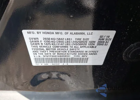 2019 Honda Pilot Elite z USA, uszkodzony, nr VIN 5FNYF6H01KB059281